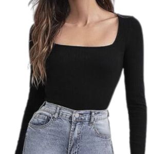 Black Square Neck Ribbed Long Sleeve Bodysuit
